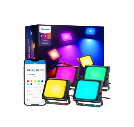 Govee Flood Lights Outdoor, RGBIC Smart Flood Lights 4 Pack with App Control, Color Changing 2700-6500K Led Stage Lights Works with Alexa, IP66 Waterproof 28 Scene Modes -H7060